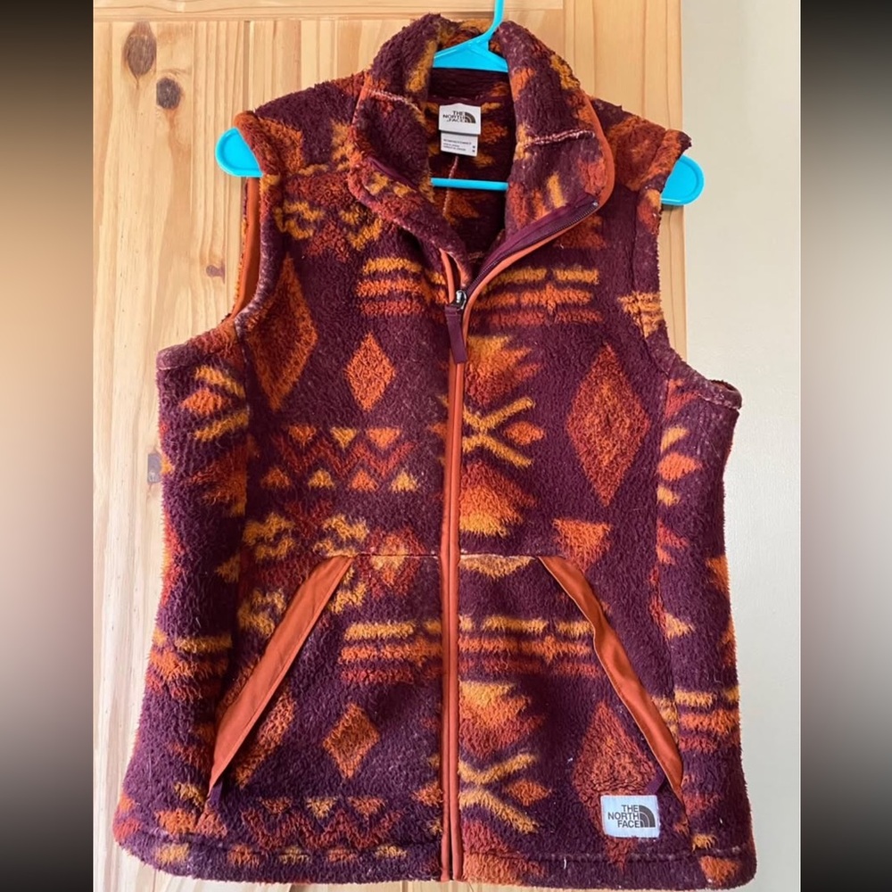 The North Face Women’s Fleece Vest - Burgundy and Orange Pattern M